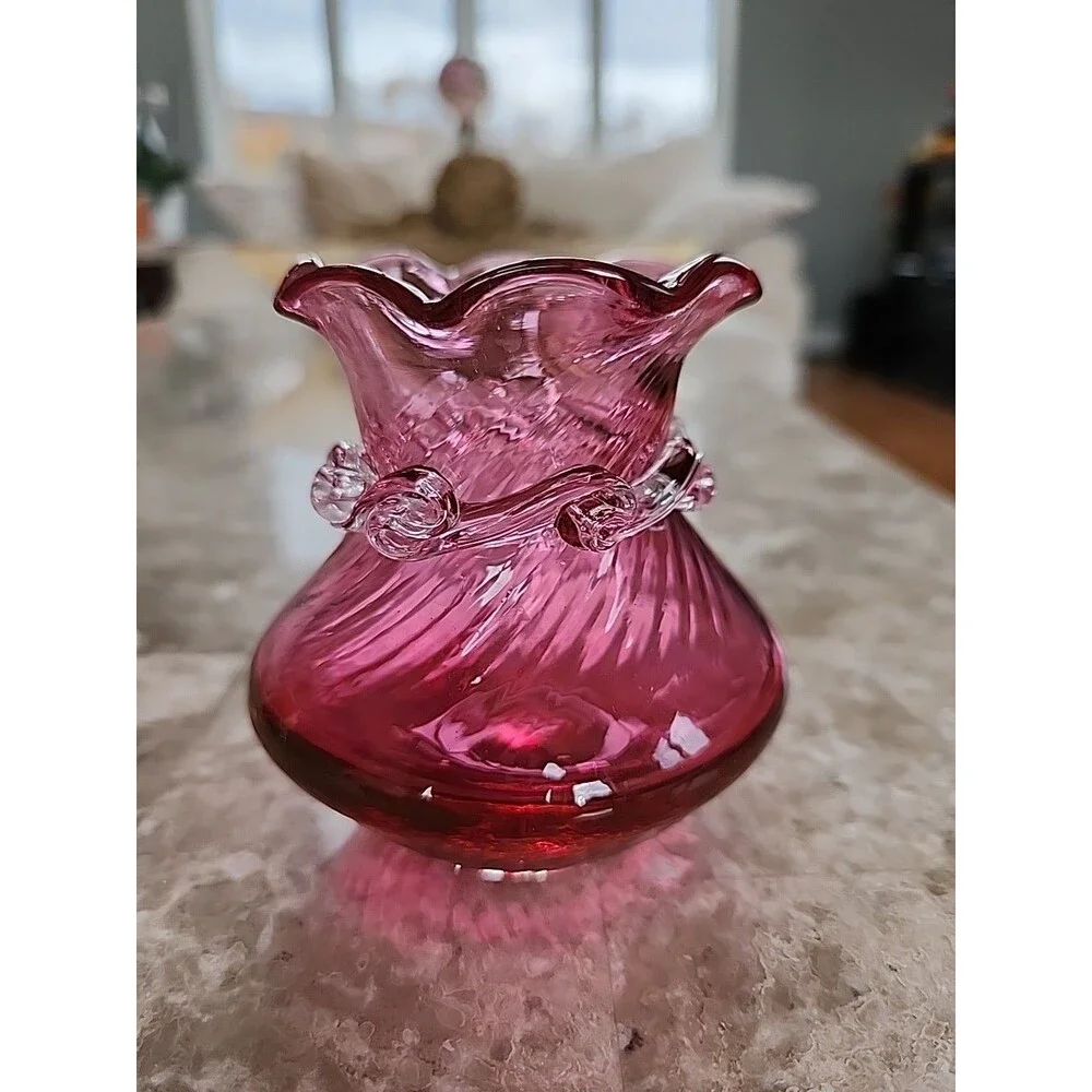 Pilgrim Cranberry Swirl, Mini Vase, 3 1/4